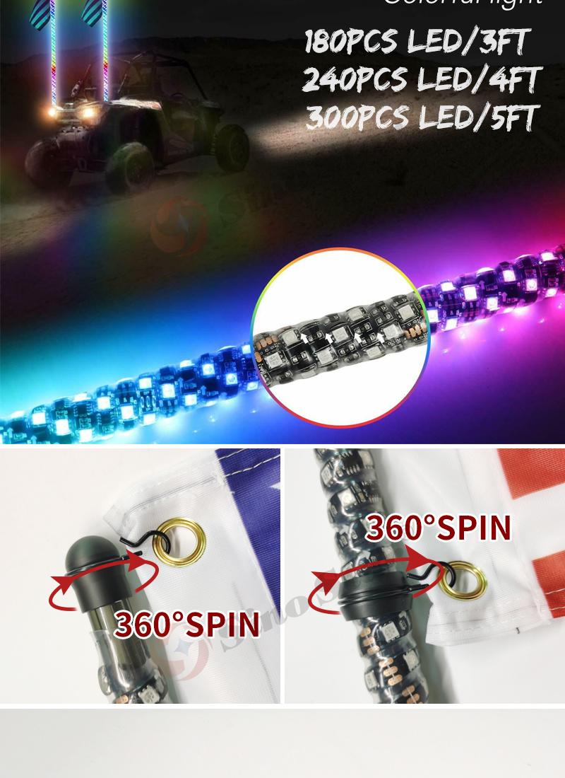 Swl1-5FT 1PCS RGB Bendable Remote Control Multi-Color LED Flagpole Lamp Light Super Bright 1.5m Whip Light for SUV ATV UTV