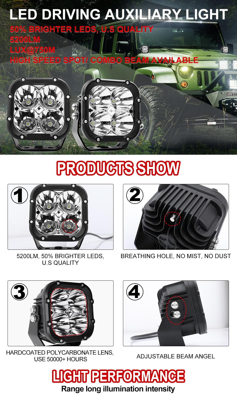 Amber Black Cover Driving Beam 5 Inch Square Driving Light ATV UTV 4X4 off Road Truck Car 24V 12V LED Work Light
