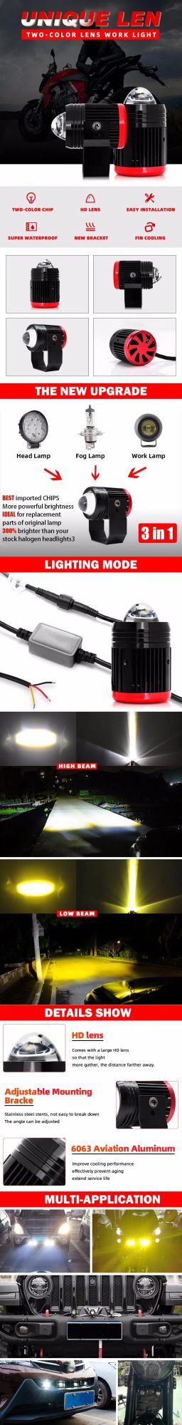 Motorcycle ATV SUV Tractor High Low Beam Dual Color Mini LED Working Driving Headlight Drive Lamp LED Fog Light