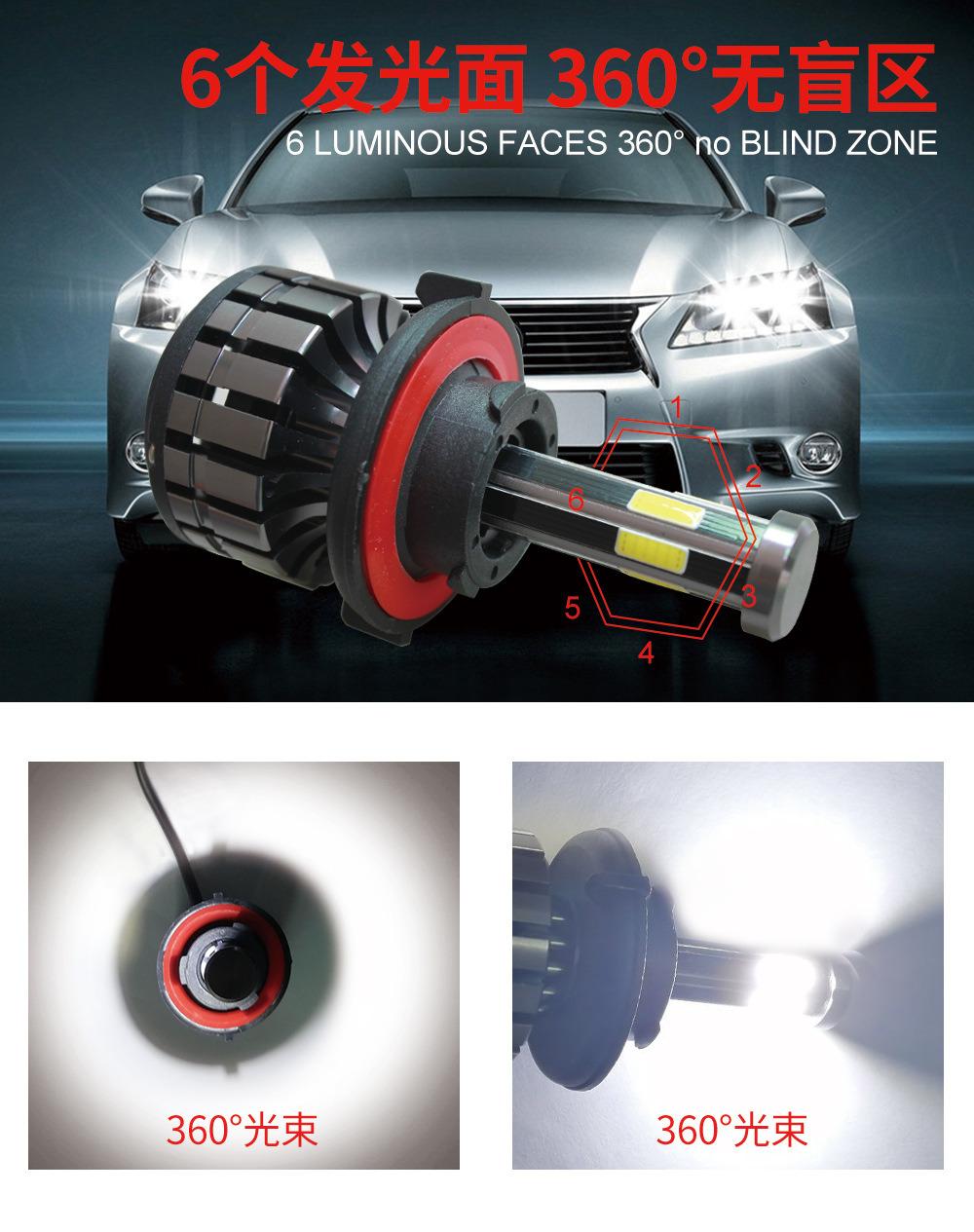 X6s 6-Side COB 120 Chips Car H4 LED H7 H11 H8 Hb4 H1 H3 9005 Hb3 Auto Lights Car LED Headlight Bulbs 200W 20000lm