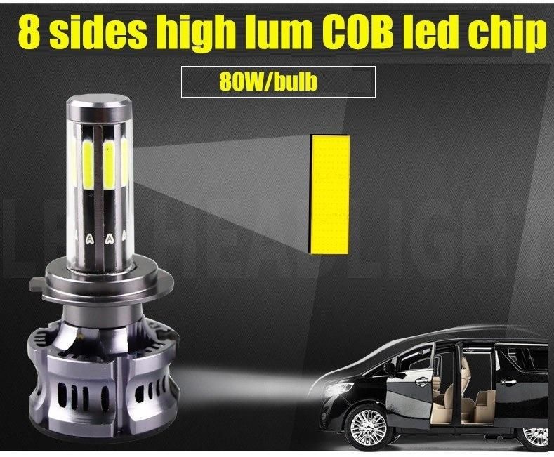 Car Styling 3 Color 3000K 6500K 8000K All in 1 80W 360° Bright COB Auto LED 9006 9005 H11 H4 H7 LED Headlight 12V
