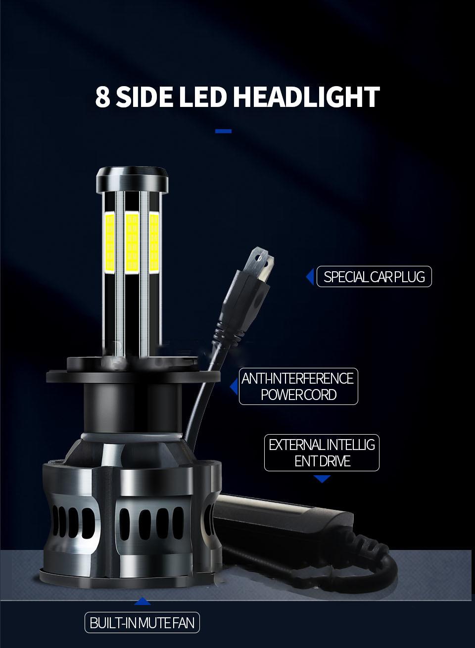 Super Bright 8 Side Csp Chip 150W IP68 16000lm 6000/6500K 9-32V H4 H3 H7 9005 9006 LED Canbus LED Headlight Bulb
