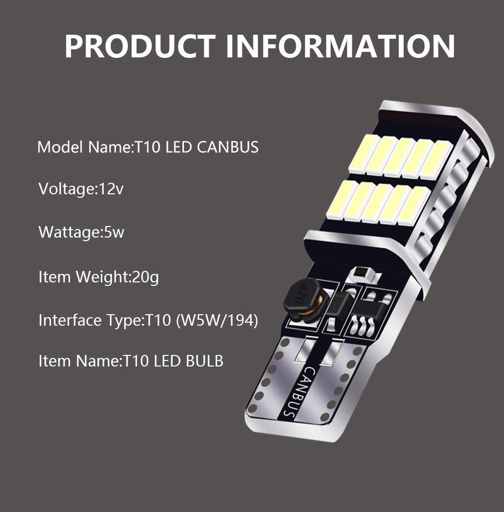 12V Auto LED Light Bulb LED T10 Canbus W5w 168 194 26SMD 4014 LED Bulbs for Car Interior Lights License Plate Dome Parking Lamp
