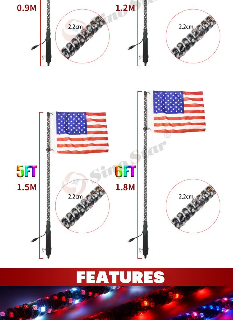 Swl1-5FT 1PCS RGB Bendable Remote Control Multi-Color LED Flagpole Lamp Light Super Bright 1.5m Whip Light for SUV ATV UTV