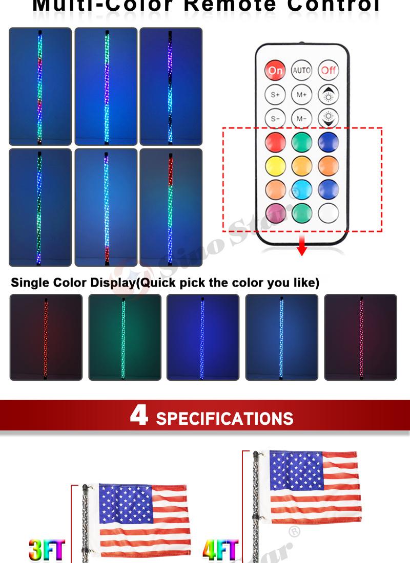 Swl1-5FT 1PCS RGB Bendable Remote Control Multi-Color LED Flagpole Lamp Light Super Bright 1.5m Whip Light for SUV ATV UTV