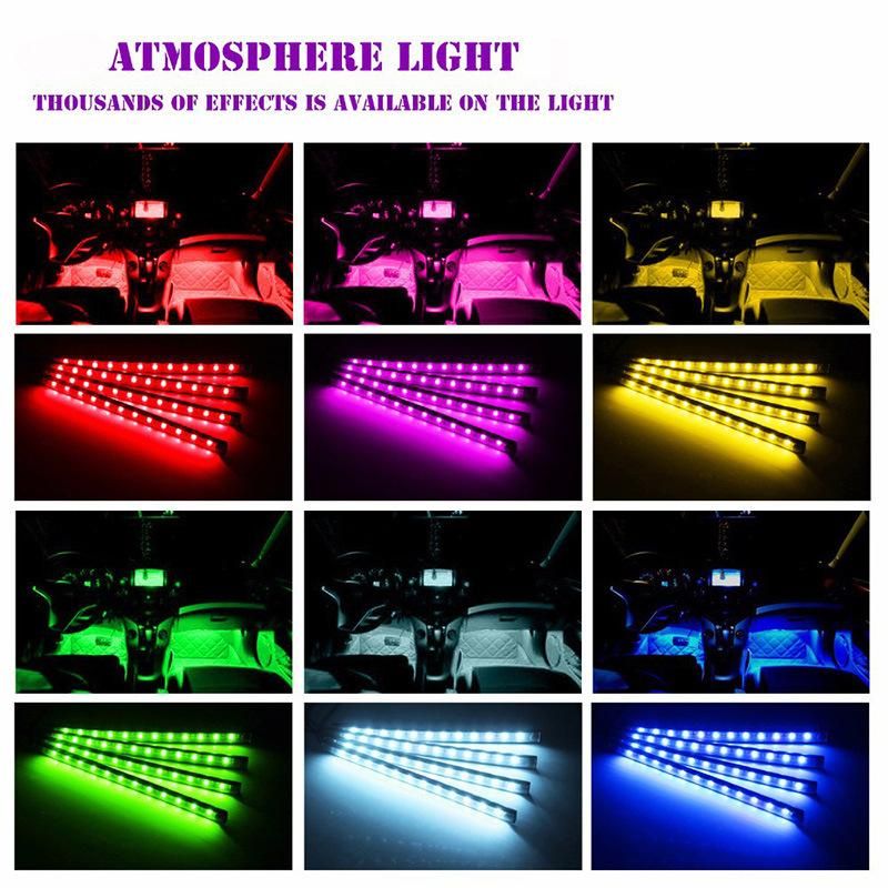 4PCS Car RGB LED Strip Light Car Auto Decorative Flexible Colored LED Strip Atmosphere Lamp Kit Fog Lamp with Remote