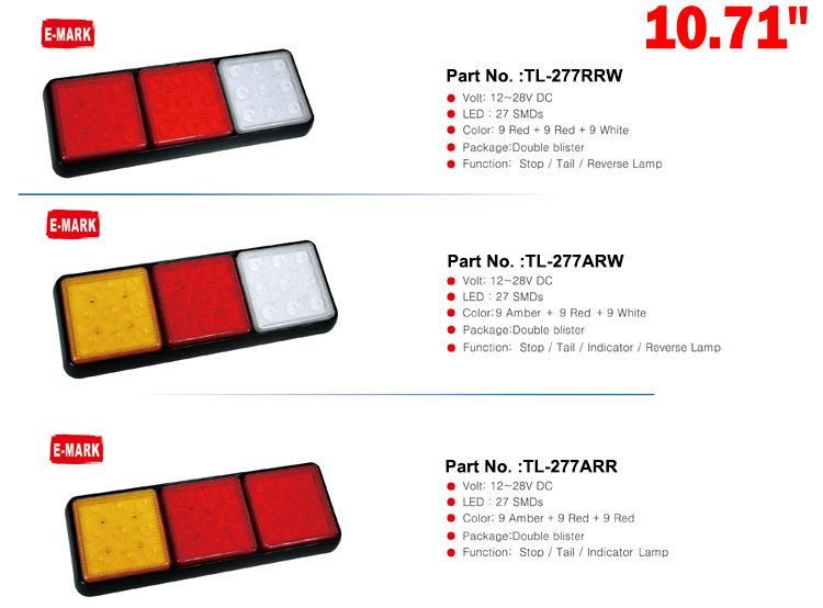 Factory High Quality 12V-24V Rectangle Vehicle 27PCS LED Stop Turn Rear Tail Lights for Truck Trailer Marine with E-MARK